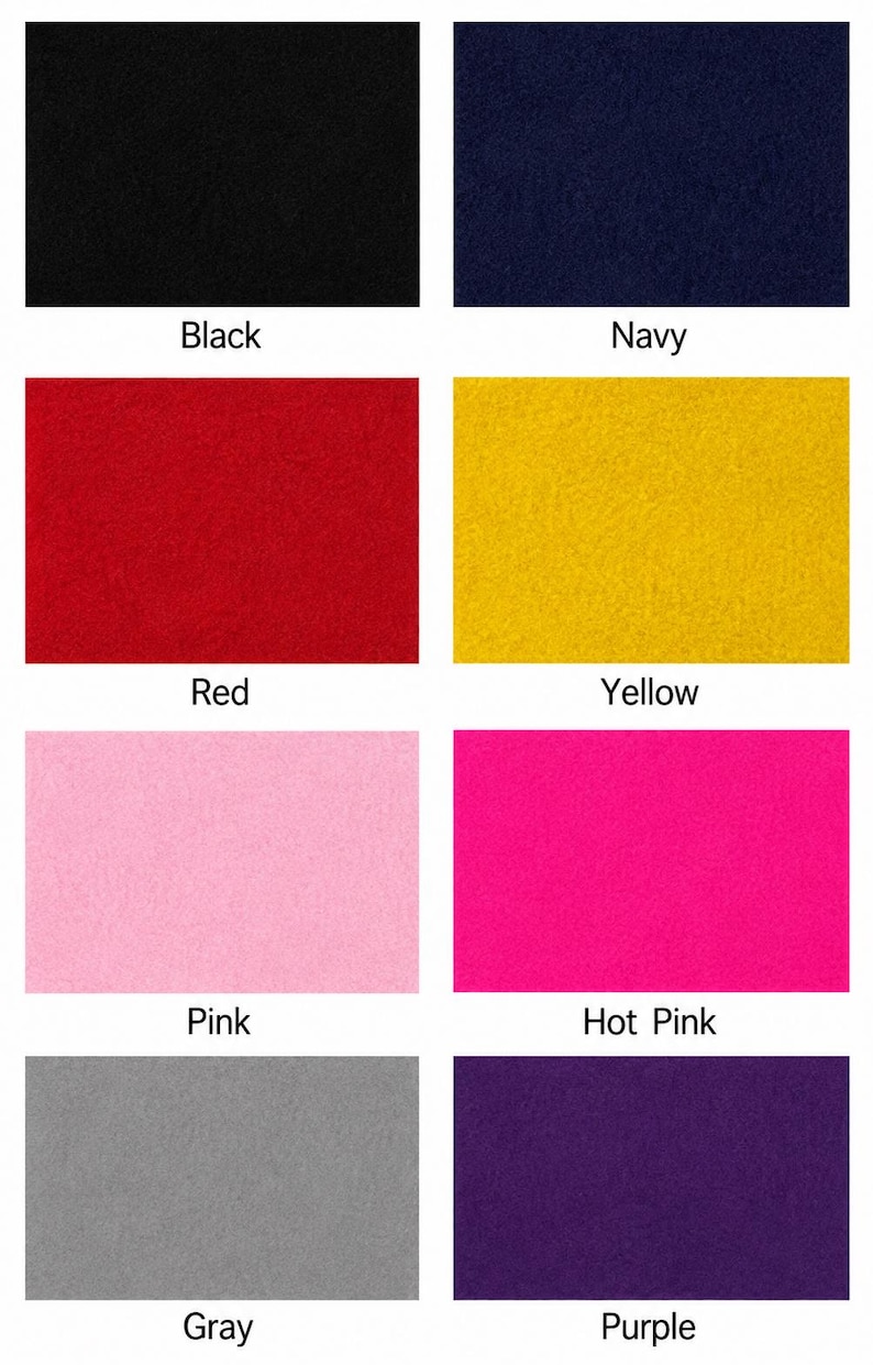 K&ouml;nnte beinhalten: Ein Raster aus acht rechteckigen Stoffmustern in Volltonfarben, die jeweils mit ihrem entsprechenden Farbnamen beschriftet sind: Black, Navy, Red, Yellow, Pink, Hot Pink, Gray und Purple. Die Textur erscheint bei allen Farbmustern einheitlich und matt.
