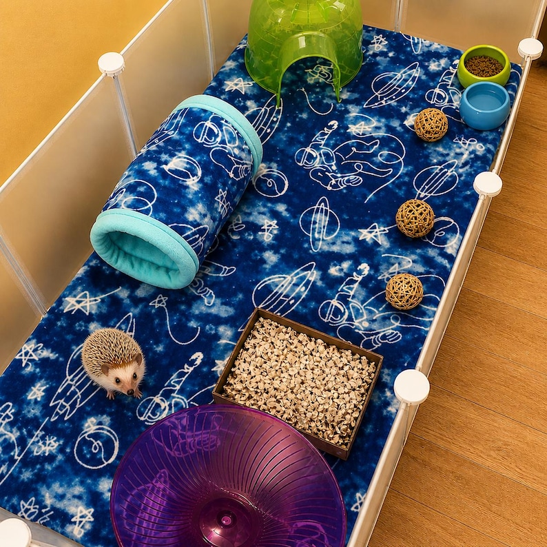 May include: A hedgehog enclosure featuring a blue fleece liner with white space-themed prints, a green plastic igloo, a blue fabric tunnel, a purple exercise wheel, a square wooden box filled with bedding, two small bowls, and three rattan balls.