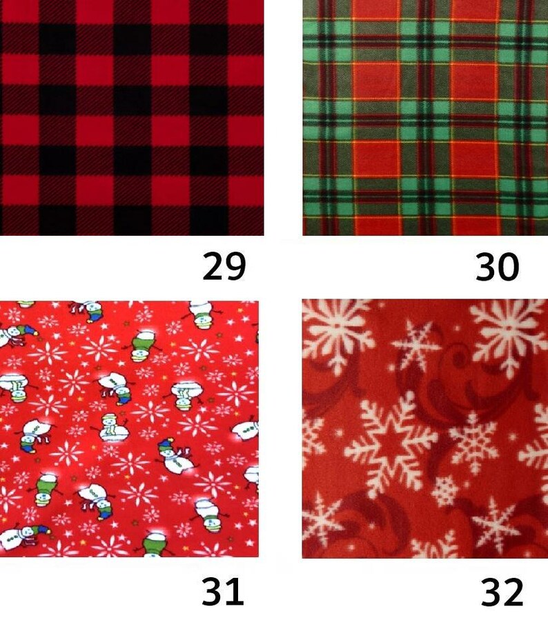 May include: Four fabric swatches labeled 29 through 32. Swatch 29 is a red and black buffalo check. Swatch 30 is a red, green, and black plaid. Swatch 31 is a red background with white snowflakes and snowmen. Swatch 32 is a red with white snowflakes.
