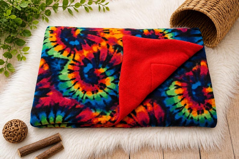 May include: A rectangular fleece blanket featuring a vibrant multi-colored tie-dye spiral pattern in shades of red, orange, yellow, green, and blue on a black background, with a solid bright red underside folded over at one corner.