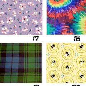 K&ouml;nnte beinhalten: Eine Collage aus vier Stoffmustern, nummeriert von 17 bis 20. Muster 17 zeigt rosa Kirschbl&uuml;ten auf hellviolettem Grund. Muster 18 zeigt einen lebendigen, mehrfarbigen Batik-Wirbel. Muster 19 ist ein gr&uuml;nes, blaues und schwarzes Schottenkaro. Muster 20 zeigt schwarze und gelbe Bienen auf gelbem Grund mit kreisf&ouml;rmigen Motiven.