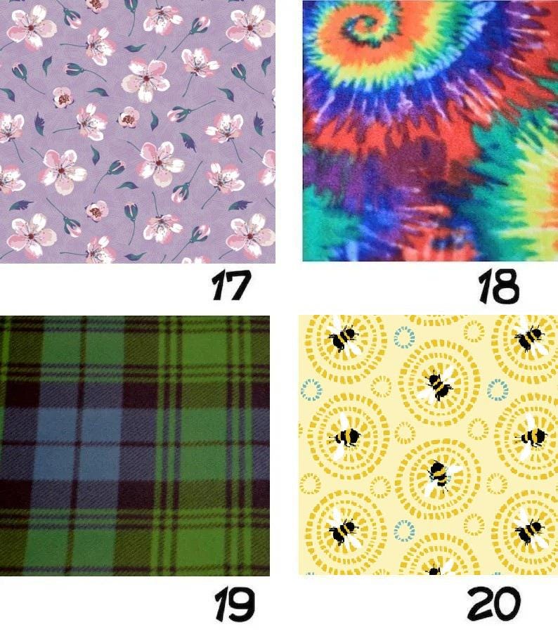K&ouml;nnte beinhalten: Eine Collage aus vier Stoffmustern, nummeriert von 17 bis 20. Muster 17 zeigt rosa Kirschbl&uuml;ten auf hellviolettem Grund. Muster 18 zeigt einen lebendigen, mehrfarbigen Batik-Wirbel. Muster 19 ist ein gr&uuml;nes, blaues und schwarzes Schottenkaro. Muster 20 zeigt schwarze und gelbe Bienen auf gelbem Grund mit kreisf&ouml;rmigen Motiven.