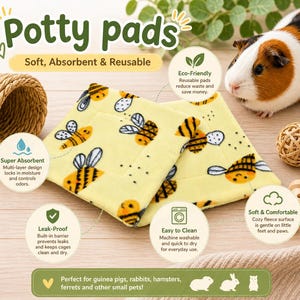 K&ouml;nnte beinhalten: Zwei quadratische Toilettenunterlagen mit gelbem Hintergrund und einem sich wiederholenden Muster aus schwarzen und gelben Bienen. Die Unterlagen sind weich, saugf&auml;hig und wiederverwendbar, konzipiert f&uuml;r kleine Haustiere. Der Text auf dem Bild umfasst Potty pads, Soft, Absorbent & Reusable, Eco-Friendly, Super Absorbent, Leak-Proof, Easy to Clean und Soft & Comfortable.