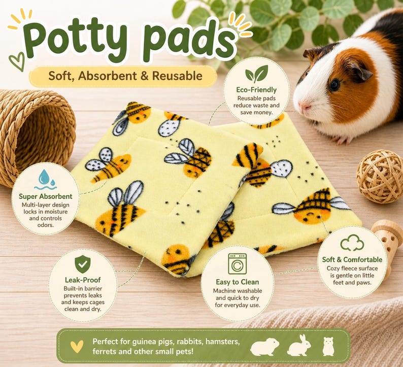 K&ouml;nnte beinhalten: Zwei quadratische Toilettenunterlagen mit gelbem Hintergrund und einem sich wiederholenden Muster aus schwarzen und gelben Bienen. Die Unterlagen sind weich, saugf&auml;hig und wiederverwendbar, konzipiert f&uuml;r kleine Haustiere. Der Text auf dem Bild umfasst Potty pads, Soft, Absorbent & Reusable, Eco-Friendly, Super Absorbent, Leak-Proof, Easy to Clean und Soft & Comfortable.
