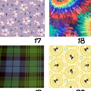 May include: A collage of four fabric patterns labeled 17 through 20. Pattern 17 features pink cherry blossoms on a light purple background. Pattern 18 shows a vibrant multi-colored tie-dye swirl. Pattern 19 is a green, blue, and black plaid. Pattern 20 displays black and yellow bees on a yellow background with circular motifs.