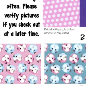 May include: A fabric swatch display featuring text that reads: Fabrics change often. Please verify pictures if you check out at a later time. Paired with purple unless otherwise requested. Includes pink polka dots, and guinea pig patterns.