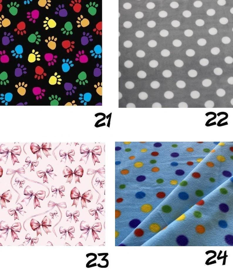 May include: A four-panel grid of fabric swatches. Panel 21 features multicolored paw prints on a black background. Panel 22 shows white polka dots on a gray background. Panel 23 displays pink bows on a light pink background. Panel 24 has multicolored dots on a light blue background.