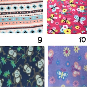 May include: Four different fleece fabric patterns. One has a geometric design in teal, coral, and black. Another features butterflies and flowers on a red background. A third has monkeys on a navy background. The last has butterflies and flowers on a purple background.