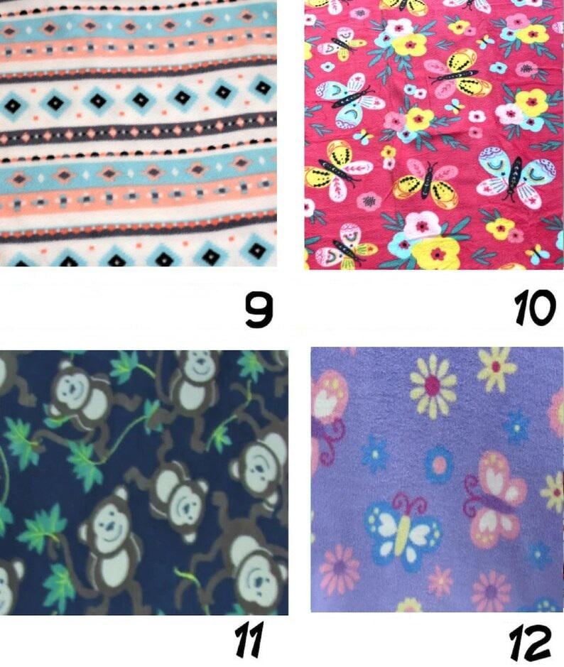 May include: Four different fleece fabric patterns. One has a geometric design in teal, coral, and black. Another features butterflies and flowers on a red background. A third has monkeys on a navy background. The last has butterflies and flowers on a purple background.