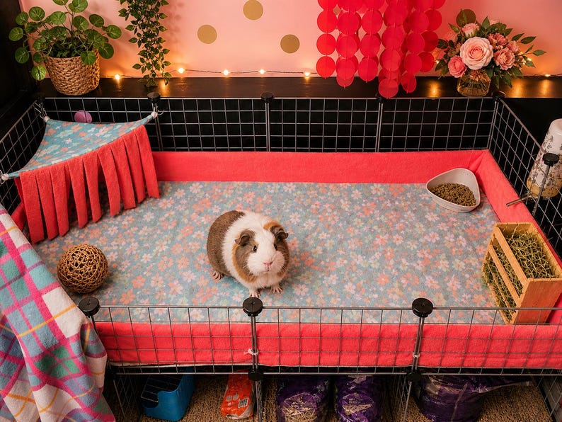 May include: A guinea pig enclosure featuring a light blue floral fleece liner, a coral pink fleece side wall, and a matching coral pink corner hammock with fringe. The setup includes a wooden hay rack, a small bowl of food, and a woven ball.