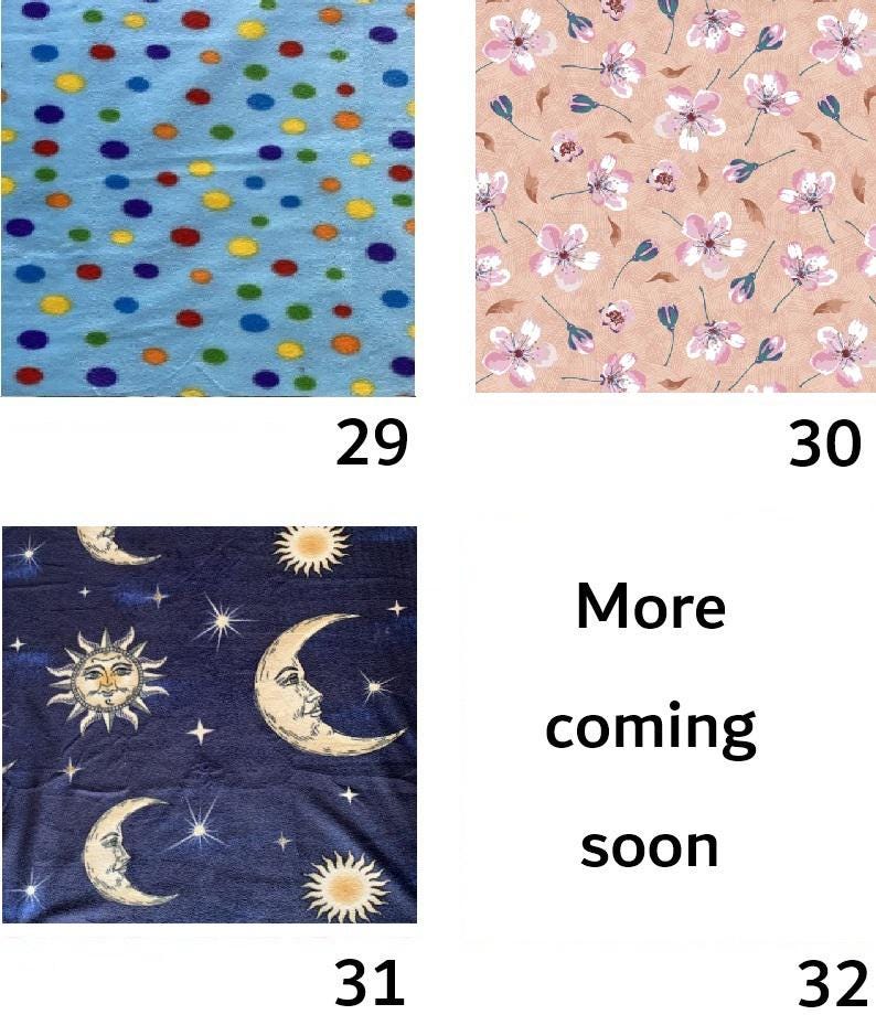 May include: Four fabric swatches with different patterns. One is light blue with colorful polka dots, another is peach with pink flowers, a third is navy blue with moons and stars, and the last one says "More coming soon."