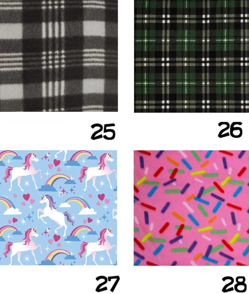 May include: Four fabric swatches with different patterns. Top left: black and white plaid. Top right: green and black plaid. Bottom left: light blue background with unicorns, rainbows, and hearts. Bottom right: pink background with colorful sprinkles.