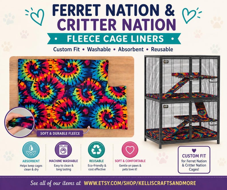Może przedstawiać: Wkłady polarowe do klatek Ferret Nation i Critter Nation z żywym wzorem tęczowej spirali tie-dye. Zestaw zawiera miękkie, chłonne, nadające się do prania w pralce i wielokrotnego użytku pokrowce z tkaniny na podłogi i rampy klatek.