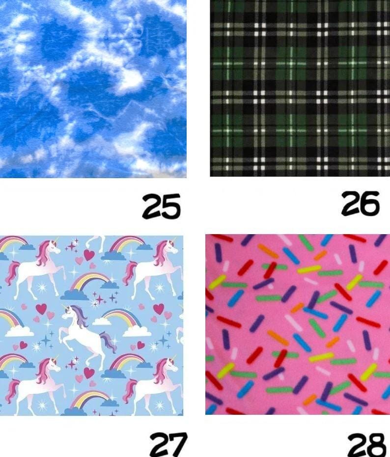 K&ouml;nnte beinhalten: Ein Raster aus vier Stoffmustern mit den Nummern 25, 26, 27 und 28. Muster 25 ist blaues Batikmuster. Muster 26 ist ein gr&uuml;n-schwarz-wei&szlig;es Karomuster. Muster 27 zeigt wei&szlig;e Einh&ouml;rner, Regenb&ouml;gen und Herzen auf Blau. Muster 28 ist rosa mit bunten Streuseln.