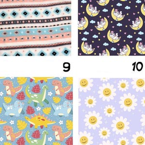 May include: A collage of four fabric patterns labeled 9 through 12. Pattern 9 features horizontal stripes with geometric shapes. Pattern 10 shows unicorns on yellow moons against a dark background. Pattern 11 displays colorful dinosaurs and leaves. Pattern 12 features yellow smiley faces on white daisies against a light purple background.