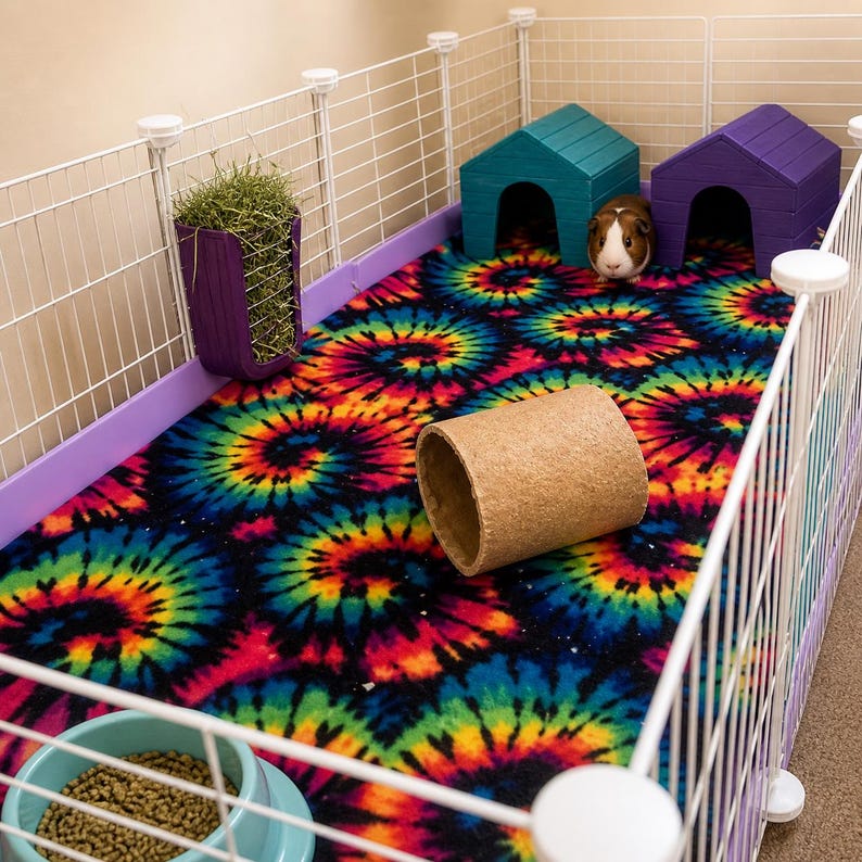 May include: A guinea pig enclosure featuring a tie-dye fleece liner with a spiral pattern in black, blue, green, yellow, and red. The cage includes a purple hay rack, a light blue food bowl, a tan cork tunnel, and two wooden houses.