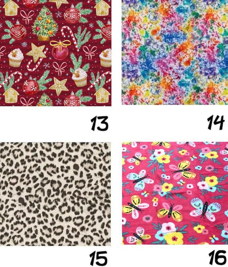 May include: A four-panel grid of fabric swatches. Panel 13 features a dark red background with Christmas trees, ornaments, and cupcakes. Panel 14 shows a multi-colored tie-dye pattern. Panel 15 displays a black and tan leopard print. Panel 16 has a pink background with colorful butterflies and flowers.