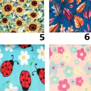 May include: A collage of four fabric patterns: 5 features yellow sunflowers on a light background, 6 shows orange and purple autumn leaves on a blue background, 7 displays red ladybugs and white flowers on teal, and 8 has pink and yellow flowers.