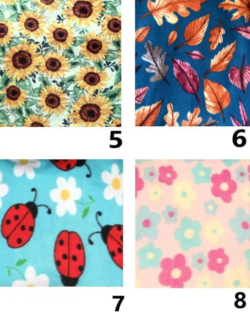 May include: A collage of four fabric patterns: 5 features yellow sunflowers on a light background, 6 shows orange and purple autumn leaves on a blue background, 7 displays red ladybugs and white flowers on teal, and 8 has pink and yellow flowers.