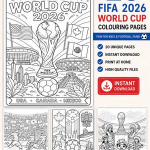 May include: A digital collection of 20 FIFA World Cup 2026 colouring pages featuring black and white line art of the trophy, footballs, stadiums, and flags of the USA, Canada, and Mexico. Includes text labels and scenes of players and mascots.