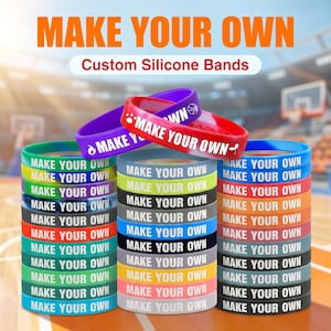 Puede incluir: Una colección de pulseras de silicona en varios colores sólidos, incluyendo rojo, azul, verde, negro y blanco. Cada pulsera presenta el texto blanco "MAKE YOUR OWN" impreso en el frente. Algunas incluyen iconos pequeños como un balón.