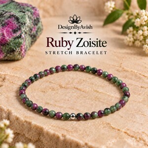 Pulsera de cuentas de rubí zoisita de grado AAA+, cuentas facetadas de 2,5 mm, detalles de acero inoxidable.