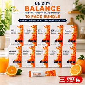 May include: A 10-pack bundle of Unicity Balance dietary supplement boxes with natural orange flavor. Each box features white and orange circular patterns, text stating 4g fiber, 0g sugar, 30 packets, and a single orange stick packet.
