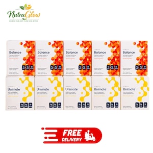 May include: Ten boxes of dietary supplements arranged in two rows. The top row features five boxes of Unicity Balance with orange circular patterns, while the bottom row shows five boxes of Unicity Unimate with yellow abstract shapes.