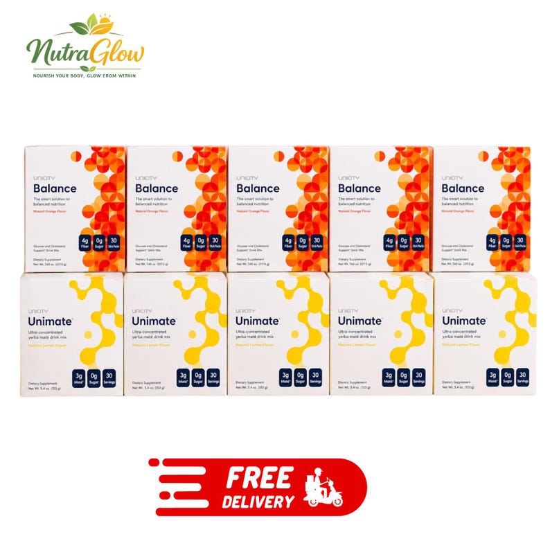 May include: Ten boxes of dietary supplements arranged in two rows. The top row features five boxes of Unicity Balance with orange circular patterns, while the bottom row shows five boxes of Unicity Unimate with yellow abstract shapes.