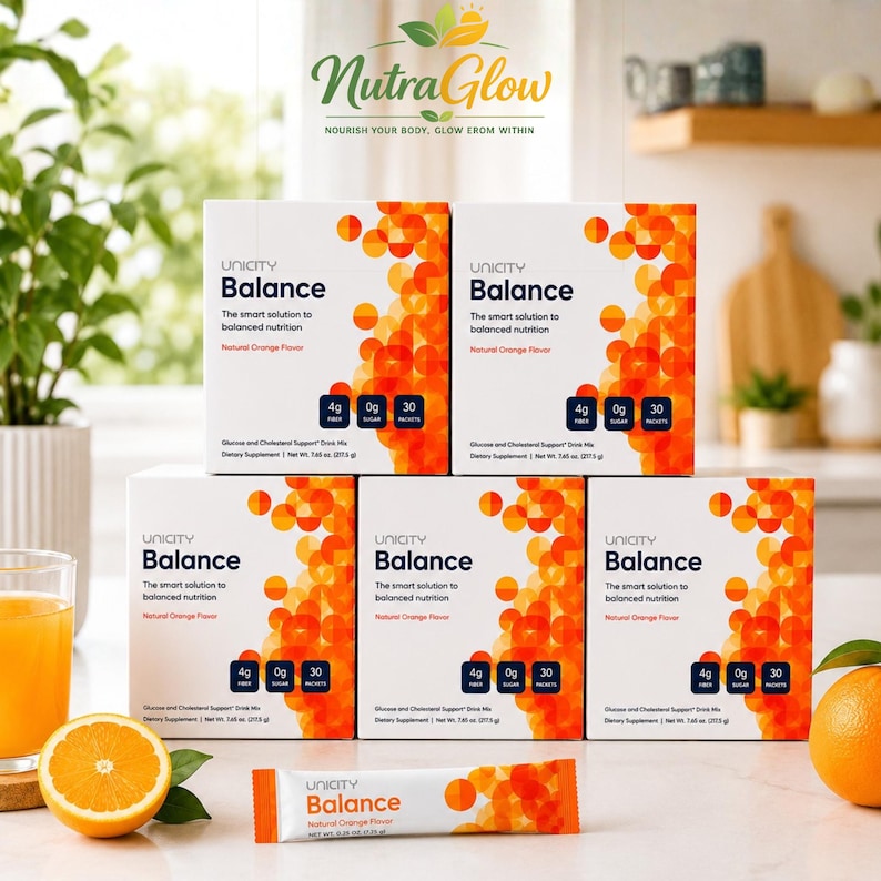 May include: Five boxes and one single packet of Unicity Balance dietary supplement drink mix with natural orange flavor. Each box displays the text Balance, 4g fiber, 0g sugar, and 30 packets, with a net weight of 7.65 oz (217.5 g) per box.