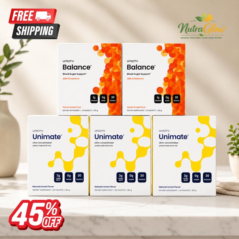 May include: Two white boxes of Unicity Balance Blood Sugar Support with orange circular patterns and three white boxes of Unicity Unimate yerba mate drink mix with yellow circular patterns, each containing 30 packets and weighing 150g or 183g.