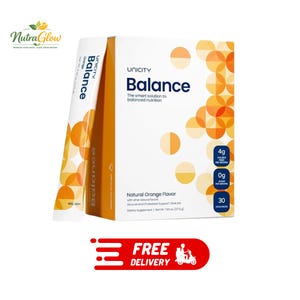 May include: A white box and a single stick pack of Unicity Balance dietary supplement with orange circular patterns. The packaging features the text Balance, The smart solution to balanced nutrition, Natural Orange Flavor, and 30 stick packs.