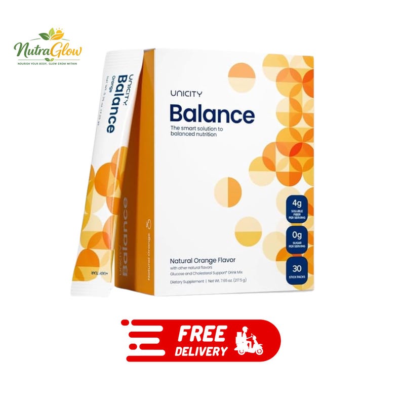 May include: A white box and a single stick pack of Unicity Balance dietary supplement with orange circular patterns. The packaging features the text Balance, The smart solution to balanced nutrition, Natural Orange Flavor, and 30 stick packs.