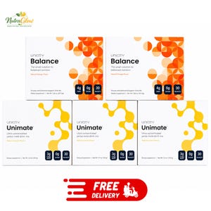 May include: Two white boxes of Unicity Balance with orange circular patterns and three white boxes of Unicity Unimate with yellow organic shapes. Each box displays product names, nutritional details, and text including 4g fiber, 0g sugar, 30 packets, 3g yerba mate, and net weights of 7.65 oz or 5.4 oz.