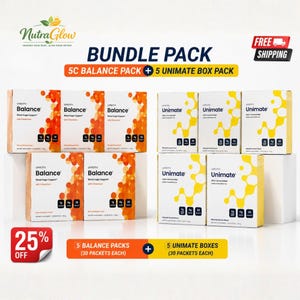 Può includere: Un pacchetto bundle contenente cinque scatole di integratore Unicity Balance per il supporto della glicemia con accenti arancioni e cinque scatole di miscela per bevanda yerba mate Unicity Unimate con accenti gialli, 30 bustine per scatola.