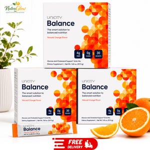 May include: Three white boxes of Unicity Balance dietary supplement drink mix with orange circular patterns, labeled with 4g fiber, 0g sugar, and 30 packets. Each box weighs 7.65 oz. A single orange-patterned packet and two orange slices are included.