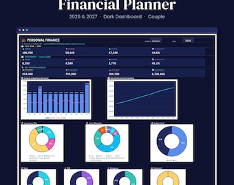 May include: A dark-themed digital financial planner dashboard for 2026 and 2027, featuring personal finance data, income versus expense bar charts, net worth trend lines, and various donut charts for investment mix, asset allocation, and budget tracking.