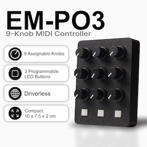 May include: The EM-PO3 9-Knob MIDI Controller is a black rectangular device featuring nine black rotary knobs arranged in a grid and three white square buttons at the bottom. Text on the device lists features including 9 assignable knobs, 3 programmable LED buttons, driverless operation, and compact dimensions of 3.94 x 2.95 x 0.79 inches.