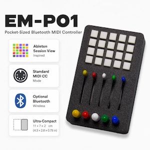 May include: The EM-P01 pocket-sized Bluetooth MIDI controller features a black rectangular housing with a grid of sixteen white square buttons, five vertical sliders, and five round knobs in yellow, red, white, green, and blue colors.