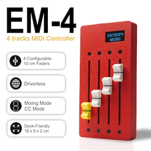 May include: A red EM-4 4 tracks MIDI controller with four vertical faders, three white and one yellow, and a small screen displaying ENTROPY MUSIC. The device features 4 configurable 10 cm faders, is driverless, has mixing and CC modes, and measures 18 x 9 x 2 cm.