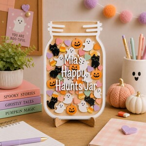 Belohnungsbox aus Holz für Kinder und Lehrer, Happy Haunts Halloween Reward Glass, Ghost Pumpkin Verhaltensdiagramm, personalisiertes Namensgeschenk