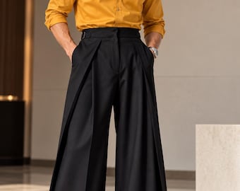 Men's Black Wide Leg Trousers, High Waist Pleated Pants, Palazzo Dress Pants, Vintage Old Money Style, Tailored Formal Trousers