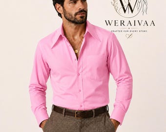 Camisa social masculina rosa chiclete, camisa retrô com gola estilo anos 70, camisa vintage de manga comprida com botões, camisa formal sob medida, camisa para festa de casamento.