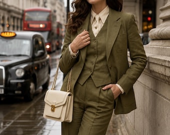 May include: An olive green three-piece suit consisting of a blazer, a button-up vest, and trousers, worn with a cream-colored collared shirt and a matching tie. A cream-colored structured handbag with a gold chain strap is carried. Text reads WEARIVAA.