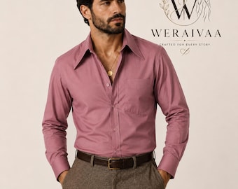 Herren Dusky Rose Shirt, Vintage Shirt mit breitem Kragen, Retro formelles Hemd, Bürokleidung, Hochzeitsgast Shirt, Geschenk für Ihn