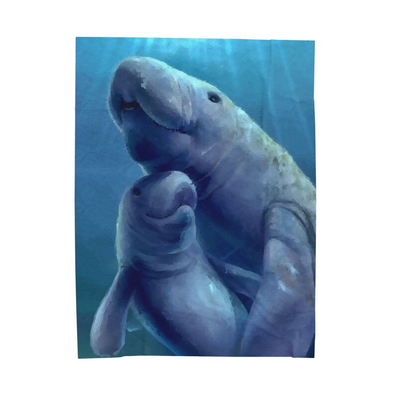 May include: A rectangular wall art print featuring a digital illustration of two manatees swimming underwater. The larger adult manatee is positioned behind a smaller calf, both rendered in shades of blue and grey against a deep blue background.