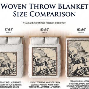 May include: A size comparison chart for woven throw blankets featuring a black and cream illustration of a chariot pulled by horses under a sun. The blankets are shown in three sizes: 94x132 cm, 127x152 cm, and 152x203 cm on a standard queen bed.