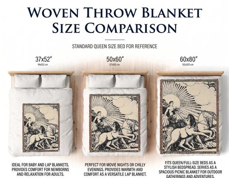 May include: A size comparison chart for woven throw blankets featuring a black and cream illustration of a chariot pulled by horses under a sun. The blankets are shown in three sizes: 94x132 cm, 127x152 cm, and 152x203 cm on a standard queen bed.