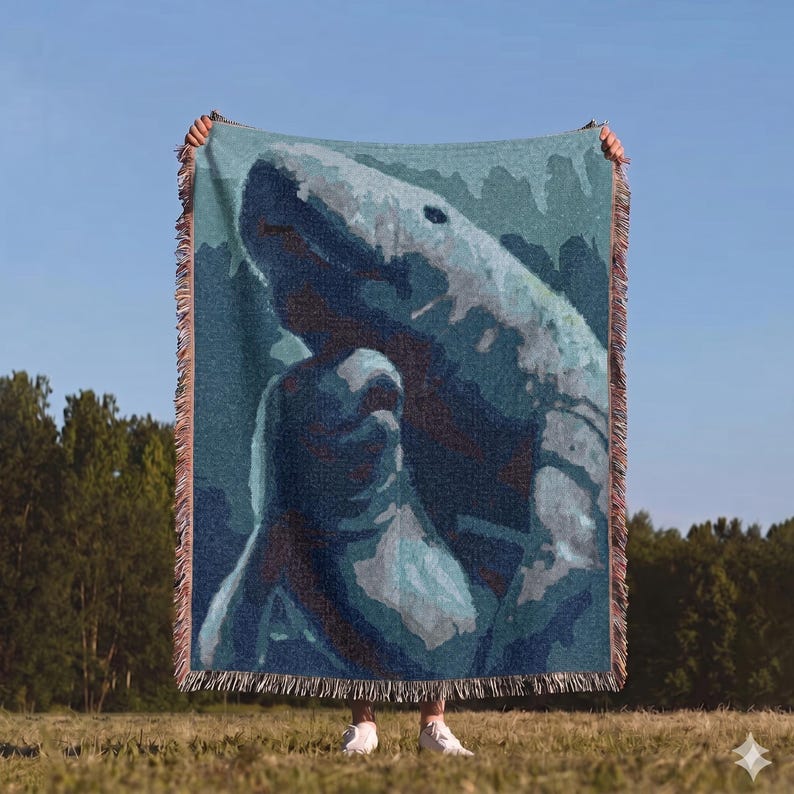 May include: A rectangular woven throw blanket featuring a large, stylised graphic of a shark in shades of blue, teal, and white. The blanket has a decorative fringed edge along all four sides and displays a textured, tapestry-like appearance.
