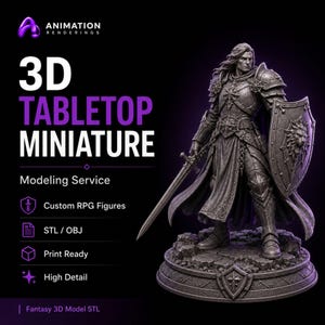 May include: A gray 3D tabletop miniature of a warrior in plate armor holding a sword and a lion-embossed shield. Text reads: 3D TABLETOP MINIATURE, Modeling Service, Custom RPG Figures, STL / OBJ, Print Ready, High Detail, Fantasy 3D Model STL.